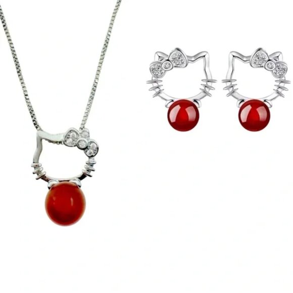 Hello Kitty Red Pendant Necklace and Earrings Set in 925 Sterling Silver. NWOT - Picture 1 of 8